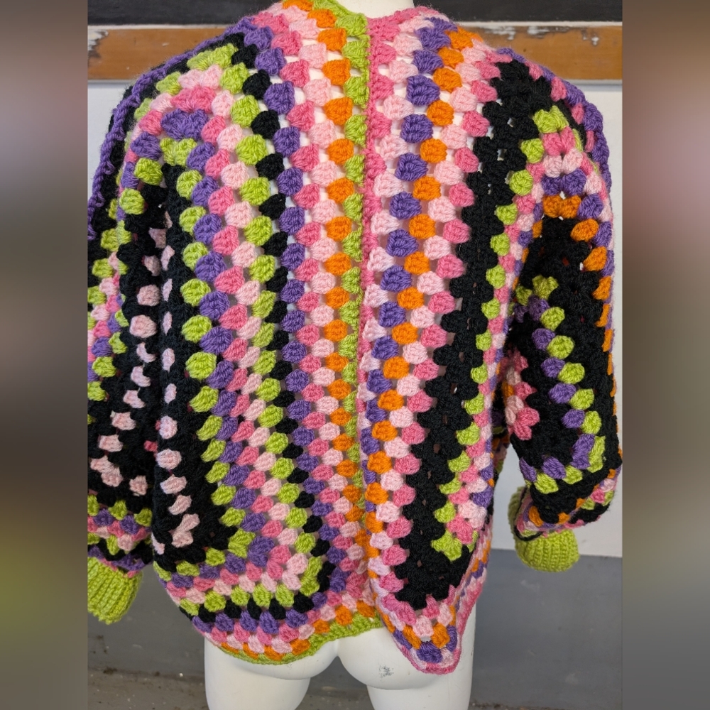 Colorful Crochet One Of Kind Cropped Sweater Open Front Size M - Picture 2 of 2